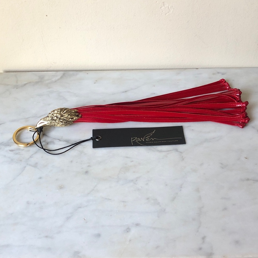 Raven Kauffman Couture Red Tassel Keychain/Purse Pendant with Gold Raven Head